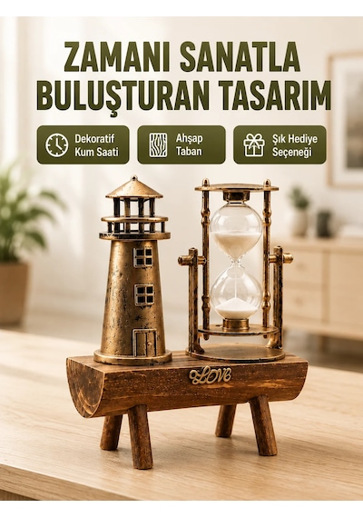 Vintage Kum Saati + Deniz Feneri Modeli Ahşap Gövdeli Masa Üstü Dekor Yeni Nesil Kahverengi