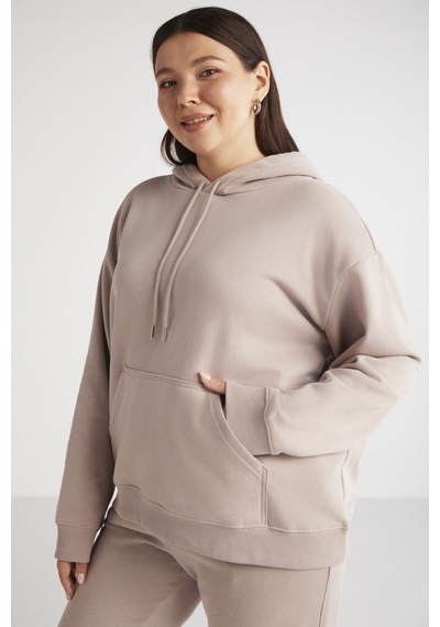 ETHIQUET TEREZABB Kadın Içi Polarlı Yumuşacık Comfort Fit Kapüşonlu Kanguru Cep Pembe Büyük Beden Sweatshirt