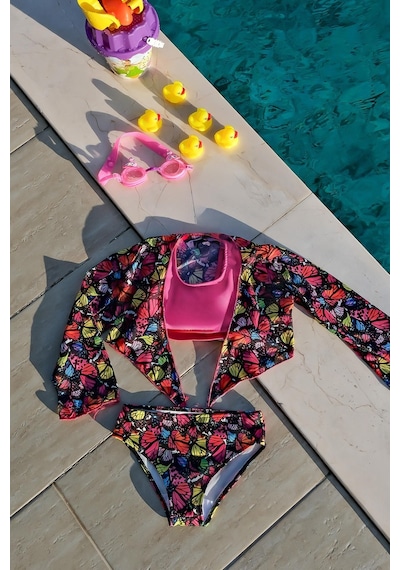 Mayom Kız Çocuk Kelebek Desenli Pareolu Bikini Takımı 3'lü Set-siyah-pembe Siyah - Pembe Mayom Kız Çocuk Kelebek Desenli Pareolu Bikini Takımı 3'lü Set-siyah-pembe Siyah - Pembe