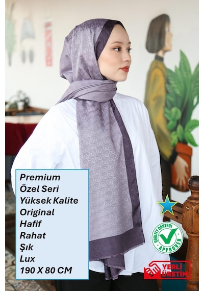 Premium Lux Original Monogram Şal İpek Vual, Yüksek Kalite, Hafif, Rahat, Şık, Tesettür, Shawl Mor