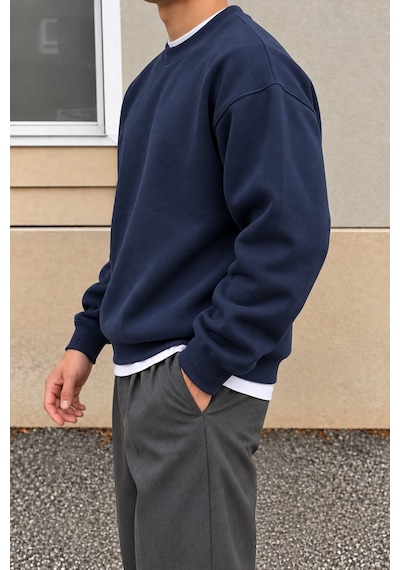 Tarz Cool Erkek 3 İplik Şardonlu Regular Fit Bisiklet Yaka Basic Sweatshirt Lacivert