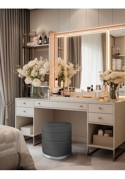 Lungo Roller Silver Kaplama Luxery Puf-antrasit Babyface Kumaş Pofuduk Oturma Pufu&makyaj Pufu&bench