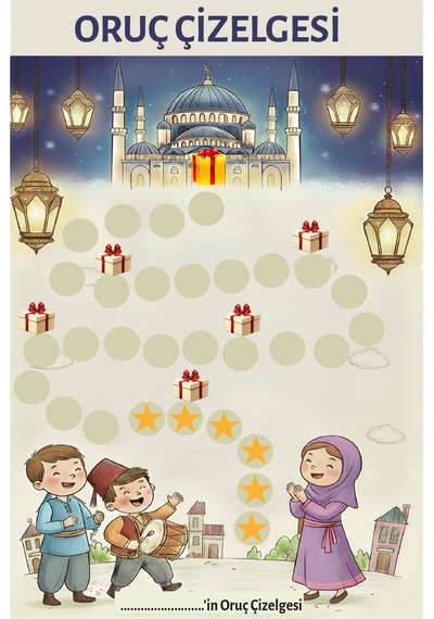 Ödüllü Oruç Takip Çizelgesi - Çocuklara Özel Ramazan Motivasyon Panosu + Yıldız Etiketli