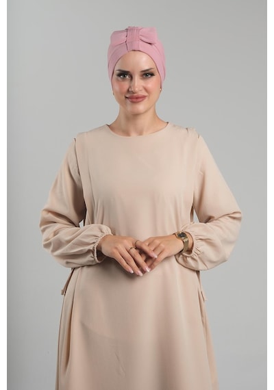 Hürrem Bone Pudra Pratik Hazır Geçmeli Fiyonklu Bone Sandy Çift Taraflı Çapraz 3007b 06 Pudra