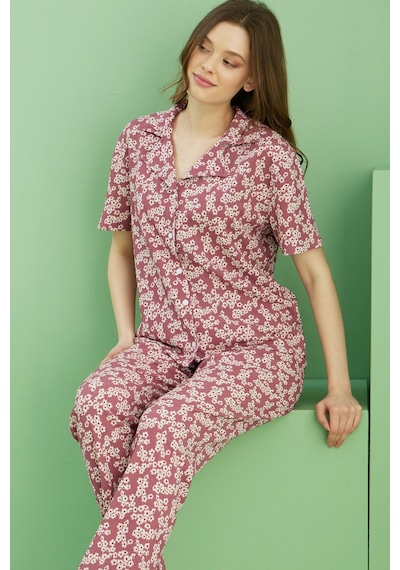 Siyah İnci Bürümcük Krınkıl Kumaş Örme Düğmeli Pijama Takım25118550 Çok Renkli