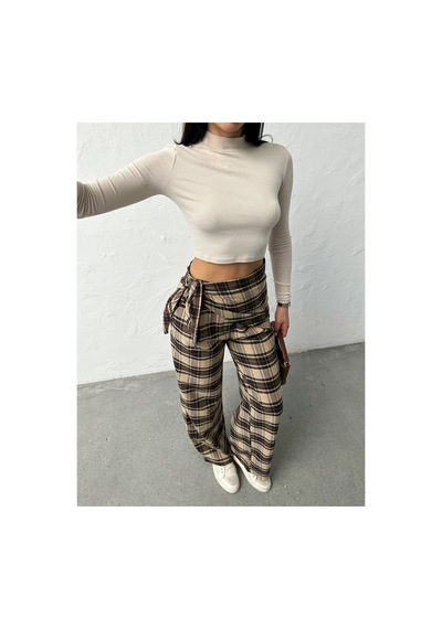 Blackpera Bersh Model Ekose Desen Bel Fular Detaylı Pantolon Bej