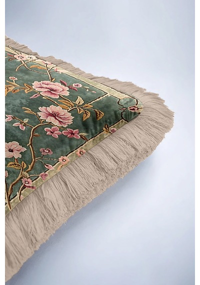 Lüks Çiçekli Kuş Motifli Saçaklı Yastık Kılıfı - Vintage Yeşil Pudra Rustik Püsküllü Kırlent Kılıfı Çok Renkli
