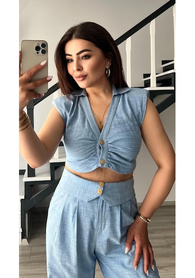 Bebe Mavi Omuz Vatka Detaylı Crop Bluz - Pantolon Takım Bebe Mavi