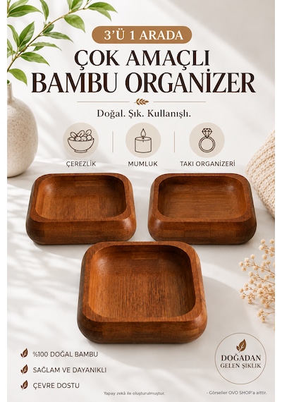 Bambu Kare 3'lü Çerezlik Kahverengi