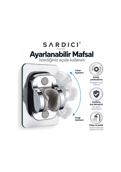 Sardıcı Krom Kendinden Yapışkanlı Duş Başlığı Askısı Ayarlanabilir Mafsallı