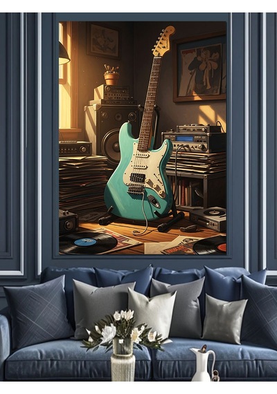 Ahşap Tablo Çalışma Odasındaki Mavi Elektrogitar