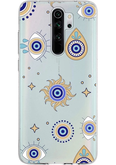 Xiaomi Redmi Note 8 Pro İle Uyumlu 1mm Slim Fit Nazar Boncuğu 5 Baskılı Şeffaf Kılıf Şeffaf