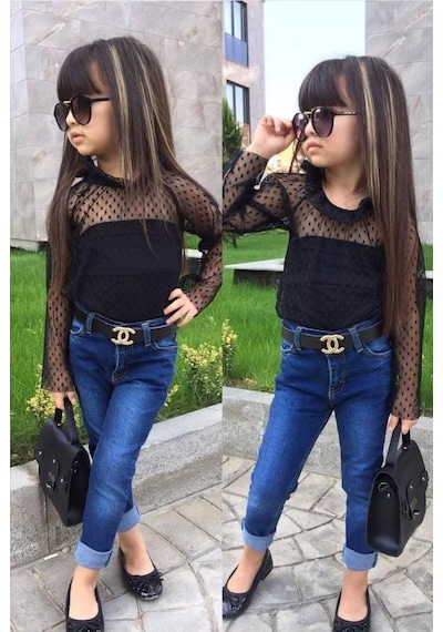 Turuncu Gardrop Üst Güpür Bluz Alt Kot Pantolon Kemerli Kız Çocuk Takım Çok Renkli