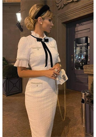 Dip Moda Kadın Kaşe Kumaş İnci Ve Broş Detaylı Abiye Elbise Dpnbemp2051 Beyaz