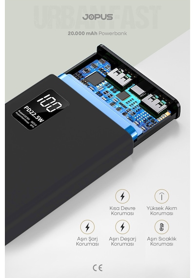 Jopus 20000mah Powerbank Pd 22.5w Hızlı Şarj - Dijital Ekranlı - Taşınabilir Şarj Cihazı Siyah