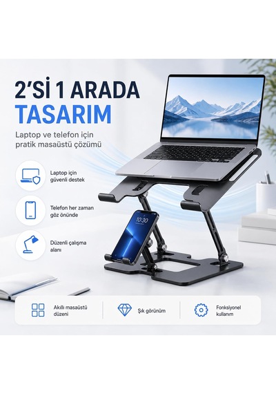 Karbon Çelik 3 İn 1 Notebook, Tablet Ve Telefon Standı, 12.9-17 İnç Laptop Ve Tablet İçin 2 Fanlı Soğutuculu Ergonomik Yükseltici, 4.7-12.9 İnç Telefon Tutucu, L07