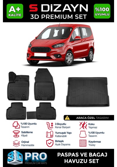S-dizayn Ford Courier 3d Pro Havuzlu Paspas Ve Bagaj Havuzu Seti 2'li Set 2014-2022 A+ Kalite