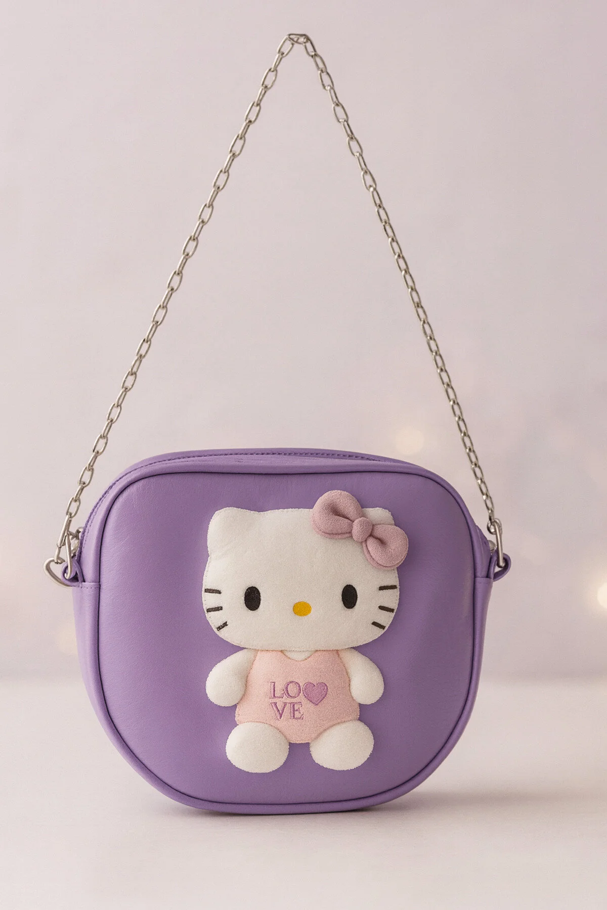 Hello Kitty Mor Peluş Oyuncak 35cm + Deri Çanta Şık Hediye Seti Açık Mor