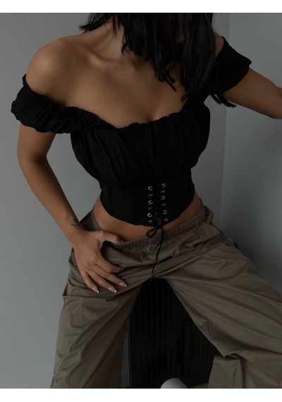 Herton Kadın Düşük Omuz Drapeli Bustiyer Bağcıklı Korse Görünümlü Şık Crop Top Çok Renkli