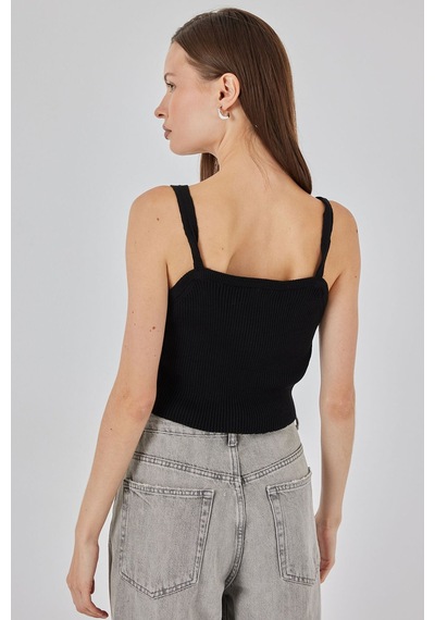 Hiccup Bdart Kare Yaka Ribana Örgü Crop Top Siyah