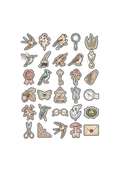 30 Adet Vintage Botanik Ve Kuş Sticker Seti - Ajanda Scrapbook Defter İçin Çok Renkli