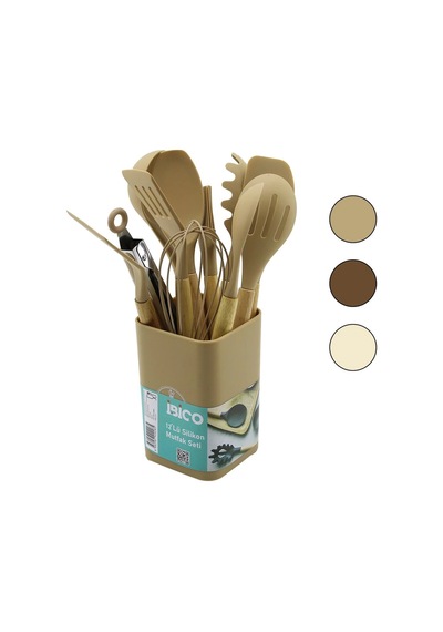 11pcs+kova Silikon Mutfak Seti Bambu Sap 3-kaşık- 3-spatula- 1-kevgir- 1-kepçe- 1-maşa- 1-çrpc- 1-fr Çok Renkli