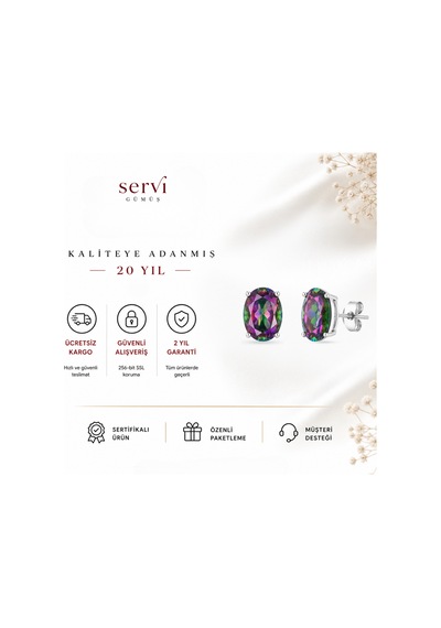 Servi 925 Ayar Gümüş Oval 8 Mm Mistik Topaz Küpe-324