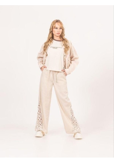 Zekids Kız Çocuk Brode Bol Motifli Bol Paça Pantolon-13902-bej Bej