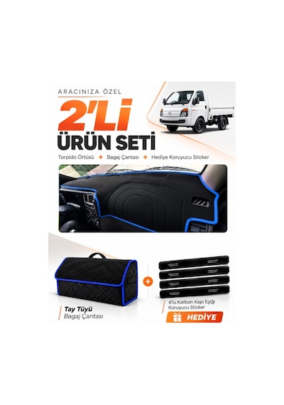 E-biz Hyundai H100 2020-2024 Uyumlu Torpido Örtüsü + Tay Tüyü Bagaj Çantası - Siyah-mavi - Hu023
