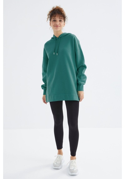 Tommy Life Deniz Yeşili Reglan Kol Basic Kapüşonlu Oversize Sweatshirt Tunik - 97242 Yeşil