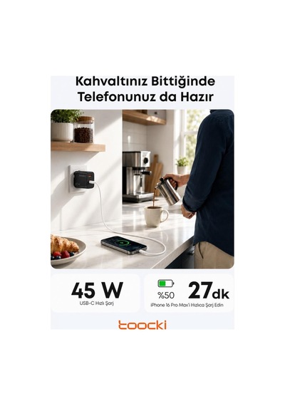 Toocki 45w Gan Hızlı Şarj Adaptörü, Type-c Ve Usb-a Çift Portlu Akıllı Güç Dağıtımlı Telefon Ve Tablet Şarj Cihazı