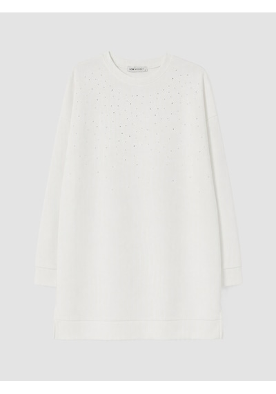 Lcw Modest Beyaz Taşlı Soft Touch Kadın Sweatshirt Tunik