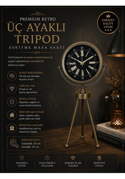 Antique Black Eskitme Üç Ayaklı Masa Saati