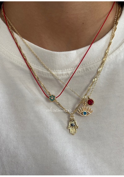 3'lü Şans Kolyesi Kırmızı İpli Zirkon Charm Gold Kadın Kolye Set Altın Altın
