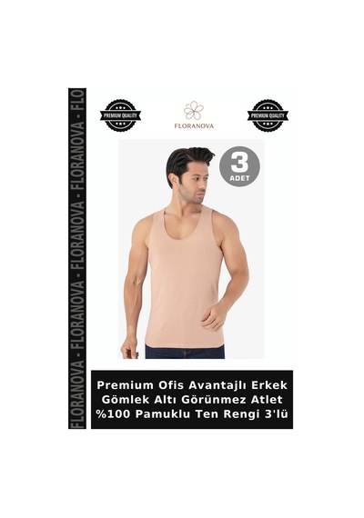 Floranova Premium Ofis Avantajlı Erkek Gömlek Altı Görünmez Atlet %100 Pamuklu Ten Rengi 3'lü Ten 3