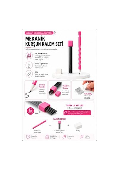 2.0 Mm Uç Ve Silgi Hediyeli 2.0 Mm Uçlu Kalem Seti 1 Adet Pembe