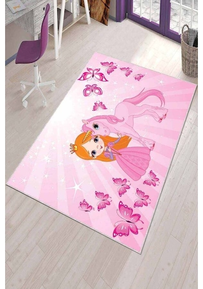Pembe Kaymaz Tabanlı Unicorn Prensesli Çocuk Halısı Kd076n11