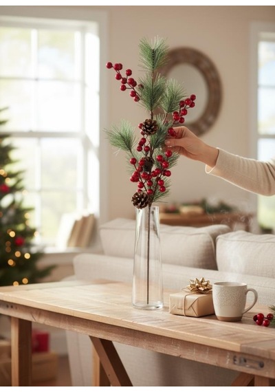 Yapay Çiçek Kokina Ve Çam Dalı Uzun Dal Kozalaklı 75cm Yılbaşı Çiçeği Red Berry Kırmızı