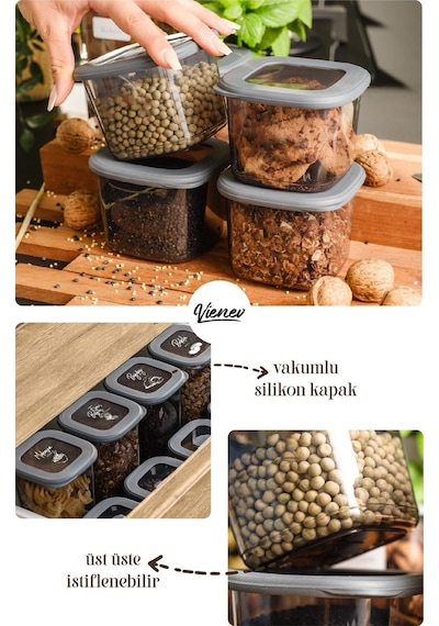 Vienev Foly Serigrafi Etiketli Kare Erzak Saklama Kabı Antrasit 9x 0.55 L + 1.75 L 18'li Antrasit