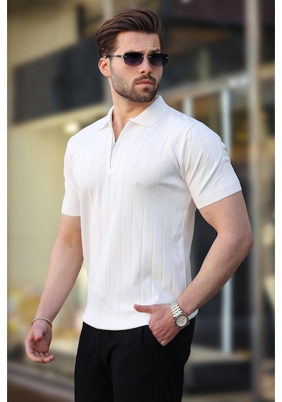 Madmext Madmext Beyaz Polo Yaka Fermuarlı Erkek T-shirt E7298 Beyaz