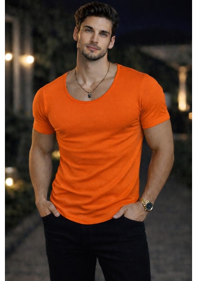 Bybülent Erkek Oval Yaka Tişört Açık Yaka Likralı Slim Fit T-shirt Turuncu