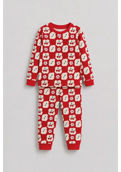 Zuzunga Kız Çocuk Kiraz Ve Papatya Desenli Kırmızı Uzun Kollu Alt Üst Pijama Takımı