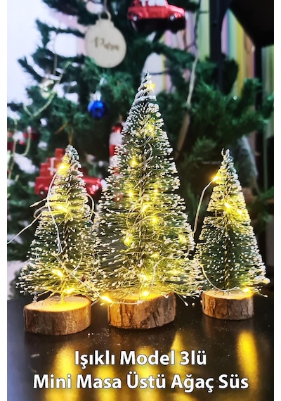 Hoşgeldin Yeni Yıl 3 Lü Mini Noel Çam Ağacı Kar Efektli Led Işıklı Çam Ağaçları Seti 15 11 10 Cm 23 CM