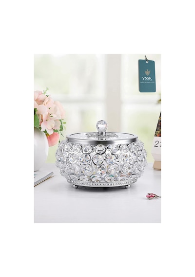 Chacha Home Luxury Lucent Lüks Kapaklı Kristal Mücevher Kutusu, Organizer, Düzenleyici, Şekerlik Büyük Boy Gümüş