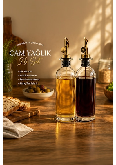 Porsima 3890 Gold Sızdırmaz Kapaklı Cam 2 Li Yağlık Sirkelik Yağdanlık Seti 500+500 Ml Şeffaf-gold