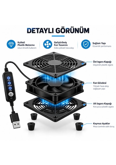 6035 Usb Soğutucu Fan Laptop Modem Konsol Altı Hız Ayarlı 120mm 5v 3 Kademe On Off Kontrol