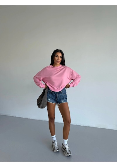 Kadın Pembe Bisiklet Yaka 2 İplik Sweatshirt Hzl25w-fry123391 Açık Pembe