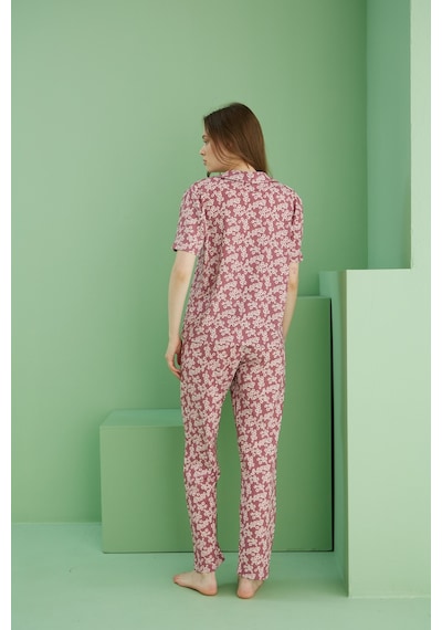 Siyah İnci Bürümcük Krınkıl Kumaş Örme Düğmeli Pijama Takım25118550 Çok Renkli
