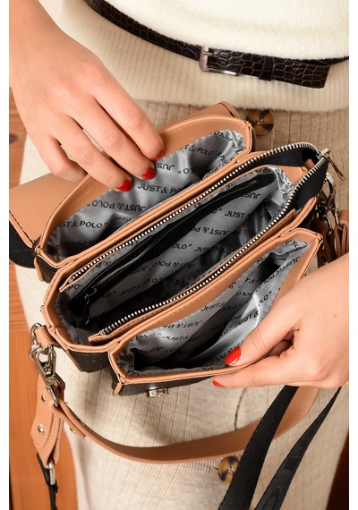 Just Polo Siyah Taba 1002 Yeni Sezon Kolon Askili 4 Bolmeli Kadin Omuz Cantasi 21x16cm 4062 Siyah - Taba