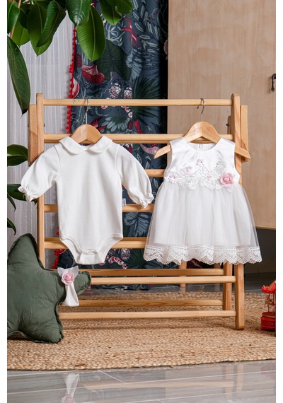 Lamato Baby Şimli Çiçekli Dantelli Badili Bandanalı Bebe Mevlütlük Kız Elbise Pembe
